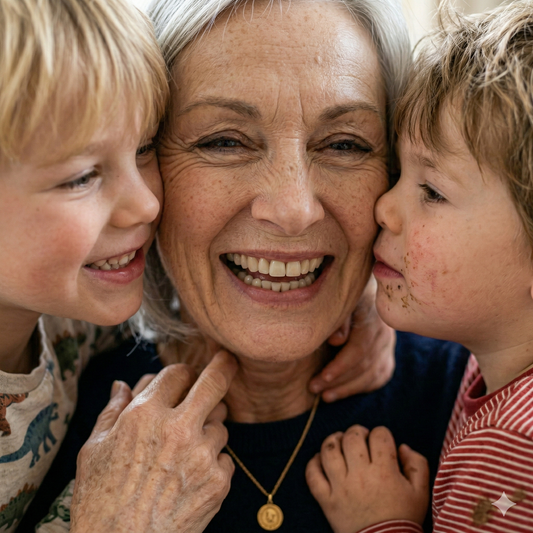 an old woman with her 2 grand children