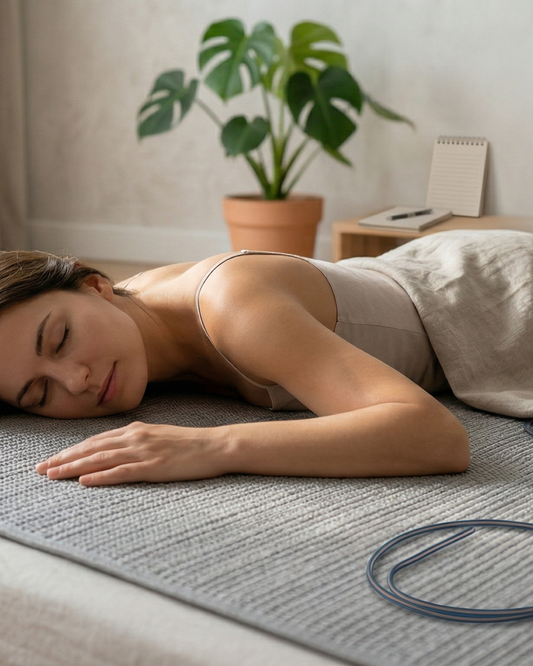 Person sleeping on a Grooni grounding mat with direct skin contact, replicating the conditions of the 2025 Kyung Hee University earthing mat sleep trial