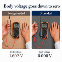 A comparison graphic showing two side-by-side panels with hands holding an orange multimeter over a surface, labeled 'Not grounded' and 'Grounded,' with text stating 'Body voltage goes down to zero' and body voltage readings of 1.602 V and 0.