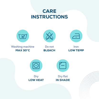 Image showcasing care instructions for the earthing sheets like, iron low temperature and dry in low heat