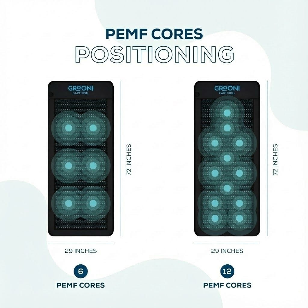 Diagram showing Grooni PEMF cores with dimensions and core count.