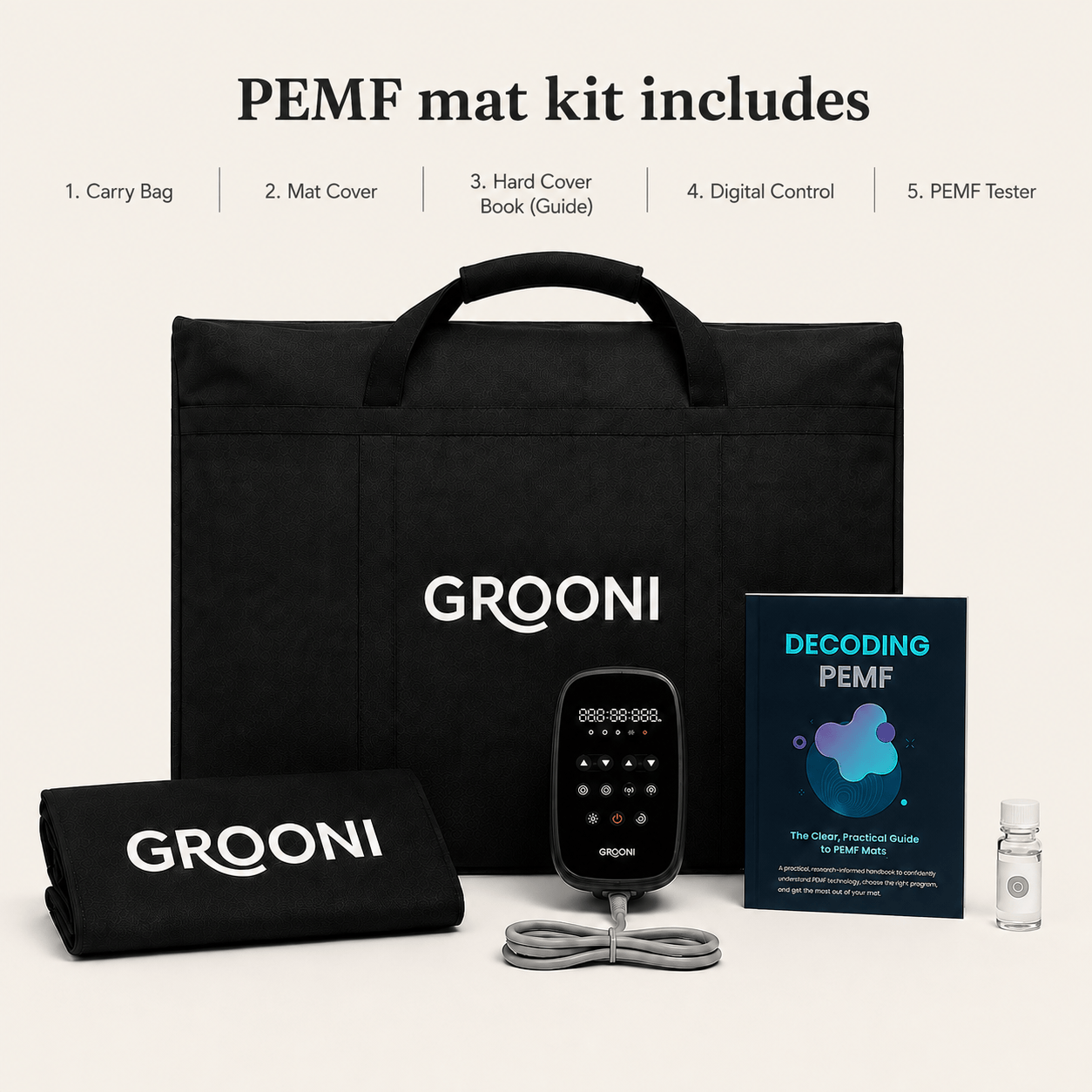 PEMF mat kit including a black carrying bag, mat cover, handheld controller, hard cover book guide, digital control screen, and a small vial, all branded GROONI on a light beige background.