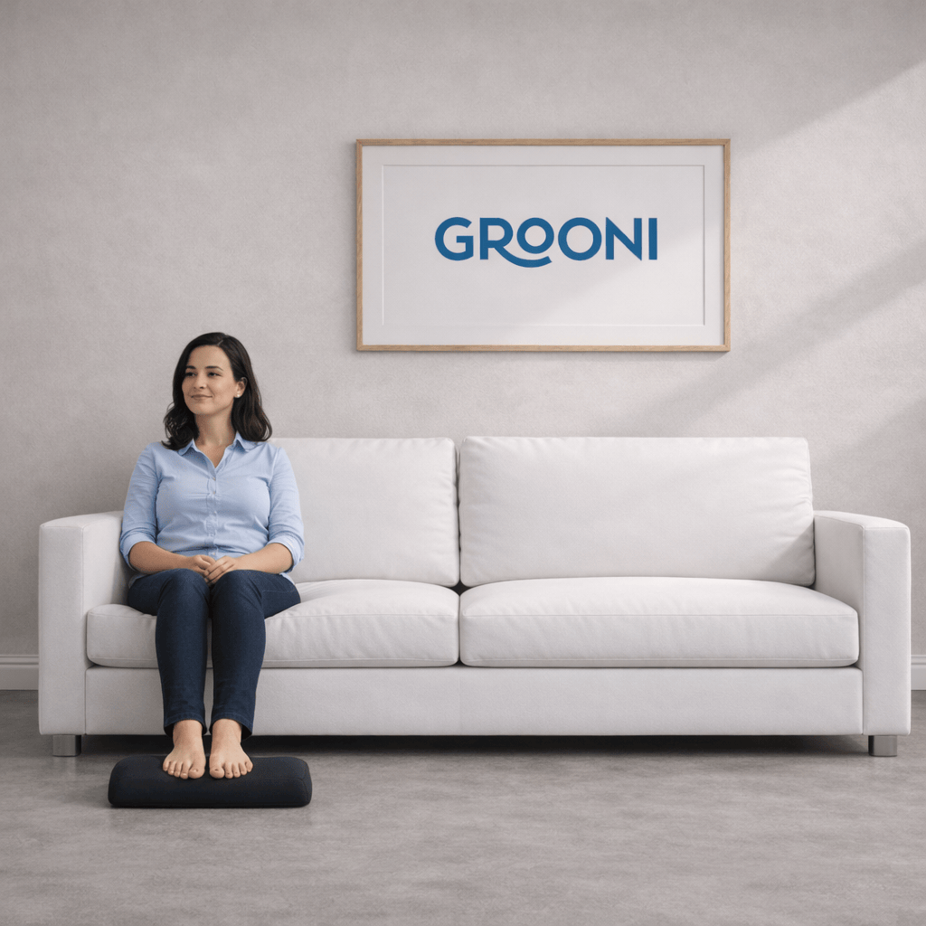 woman sittinng on a couch with her feets on a grounding foot rest pad