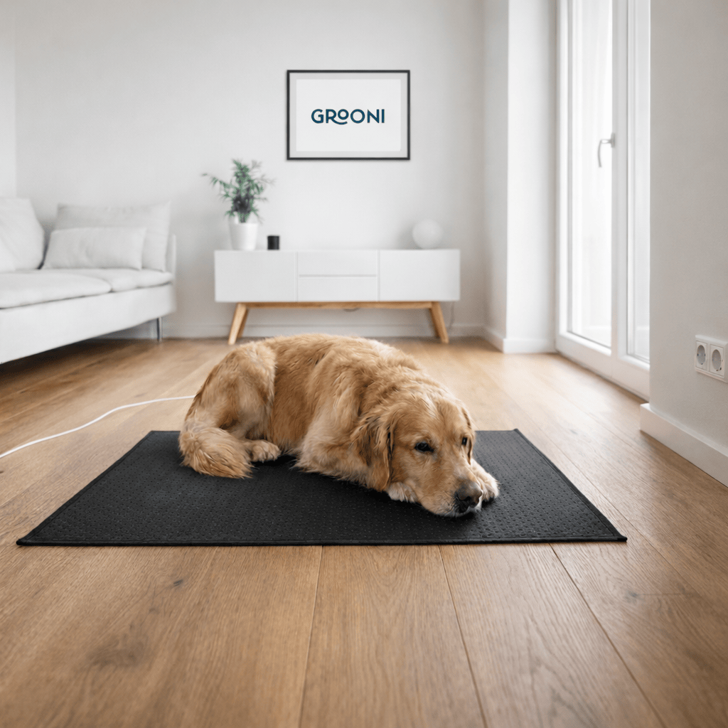 Dog lying on a black grounding mat in a modern living room with 'GROONI' branding.