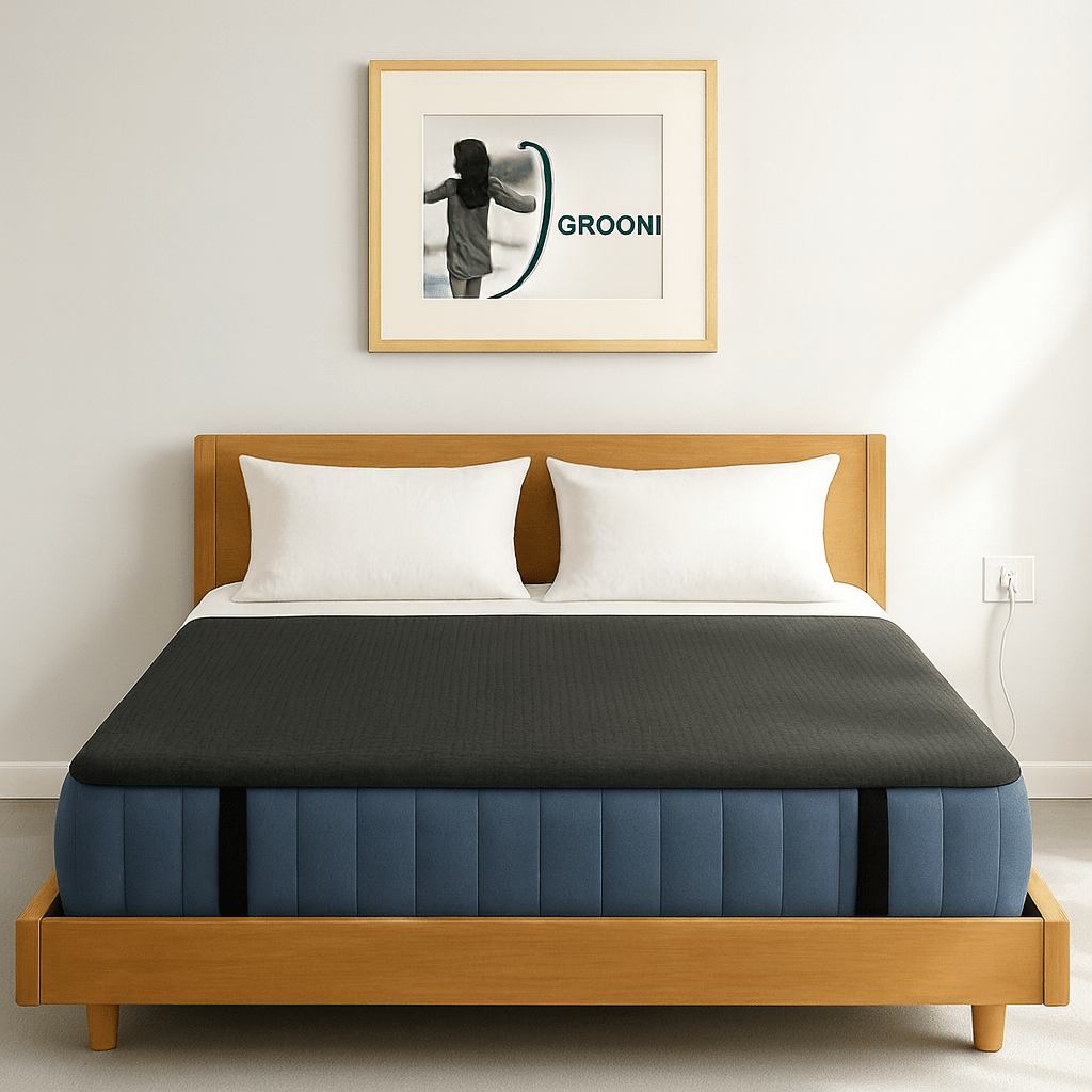 Bed with wooden frame and blue mattress with a grounding mat on topin a room with a framed picture on the wall.