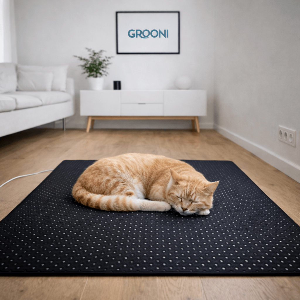 Cat lying on a black mat in a room with 'GROONI' branding.