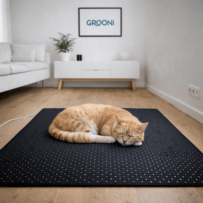 Cat lying on a black mat in a room with 'GROONI' branding.