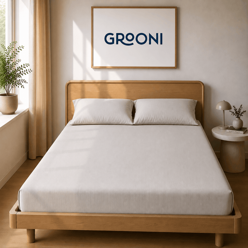 Bedroom with wooden bed and white bedding, Grooni logo on wall