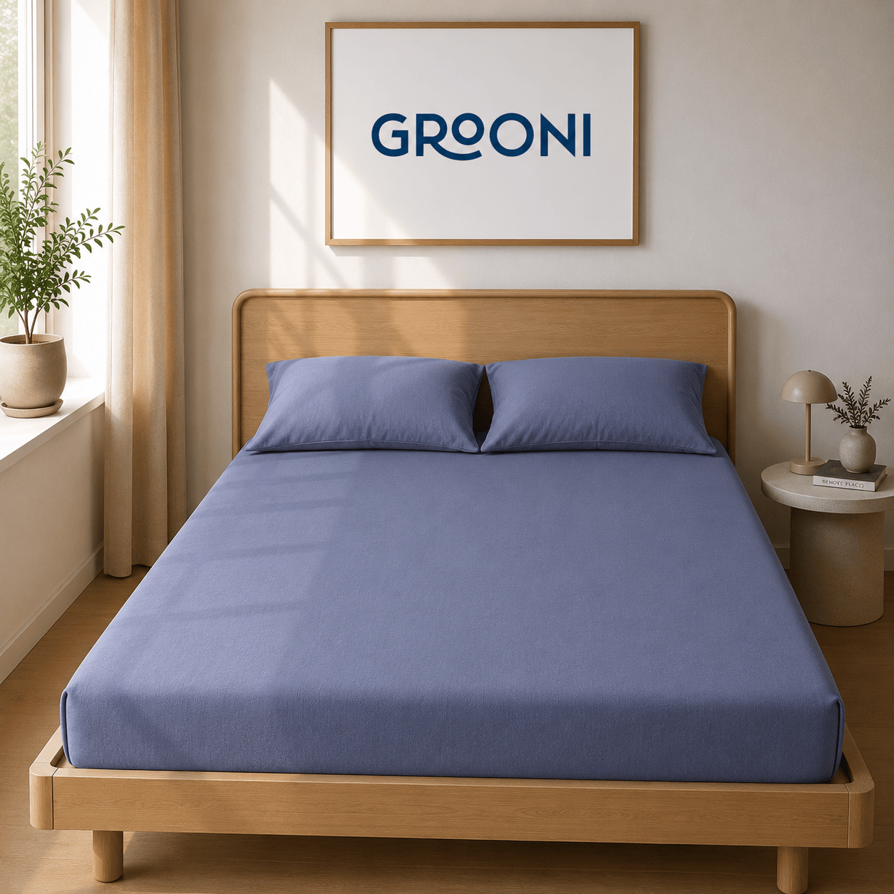 Bedroom with wooden bed and blue bedding, 'GROONI' logo on wall.
