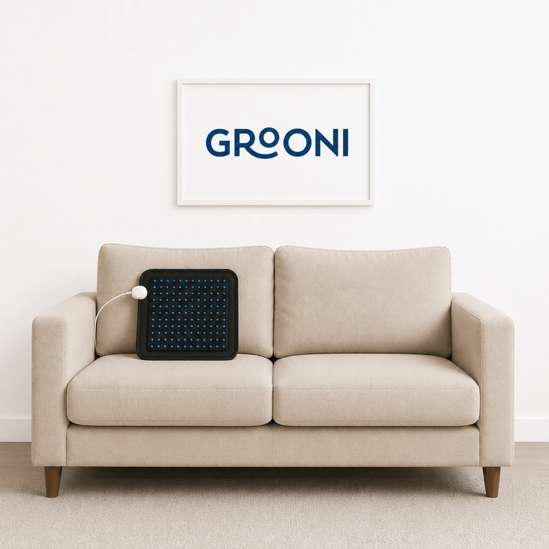 Beige sofa with a black electronic device on it, Groooni logo in the background