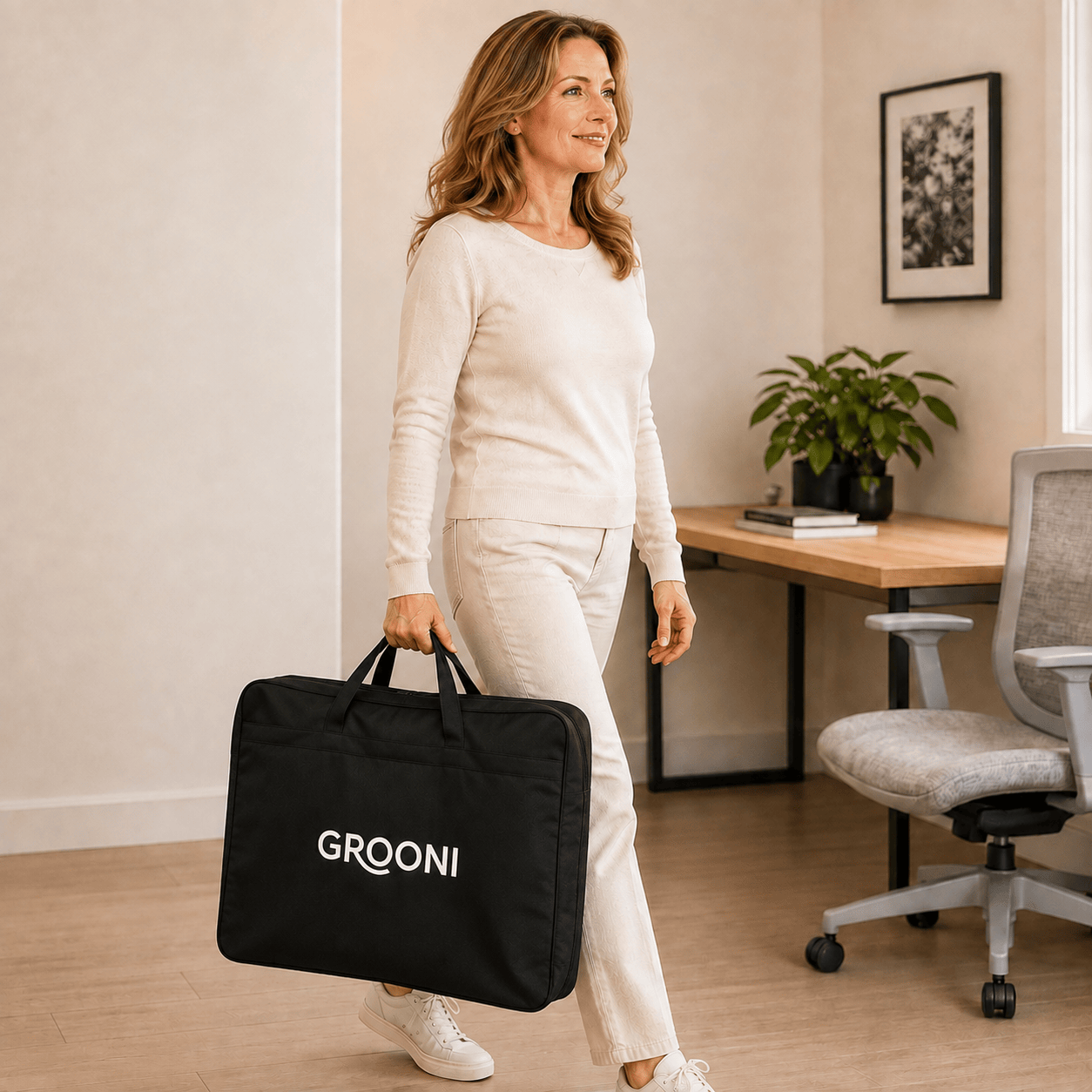A woman in a cream sweater and pants carries a black duffel bag with the brand name 'GROONI' printed in white, walking in a bright, modern home office.