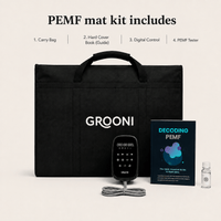 GROONI PEMF mat kit shown on a light beige background with text reading 'PEMF mat kit includes' listing a carry bag, hard cover book guide, digital control, and PEMF tester. The set includes a black carry bag with white GROONI logo, a black handheld controller, a blue book titled 'Decoding PEMF,' and a small clear vial.