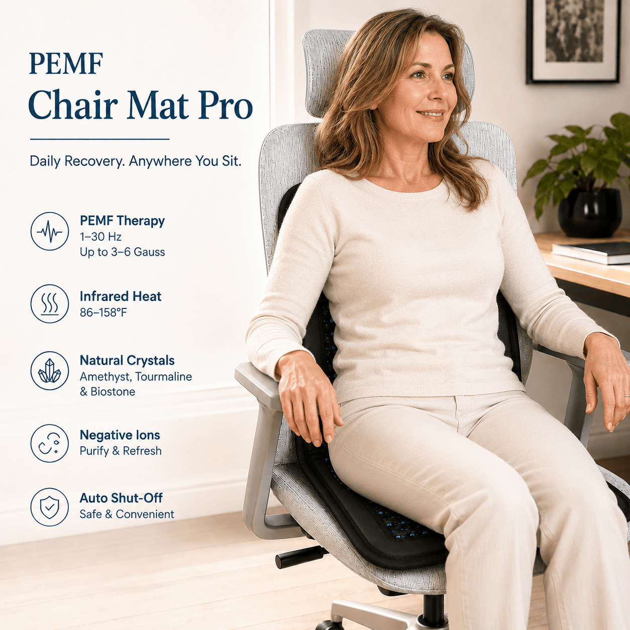 A woman sits in a gray office chair wearing a black and gray PEMF Chair Mat Pro, with product features listed on the left side of the image.