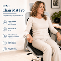 A woman sits in a gray office chair wearing a black and gray PEMF Chair Mat Pro, with product features listed on the left side of the image.