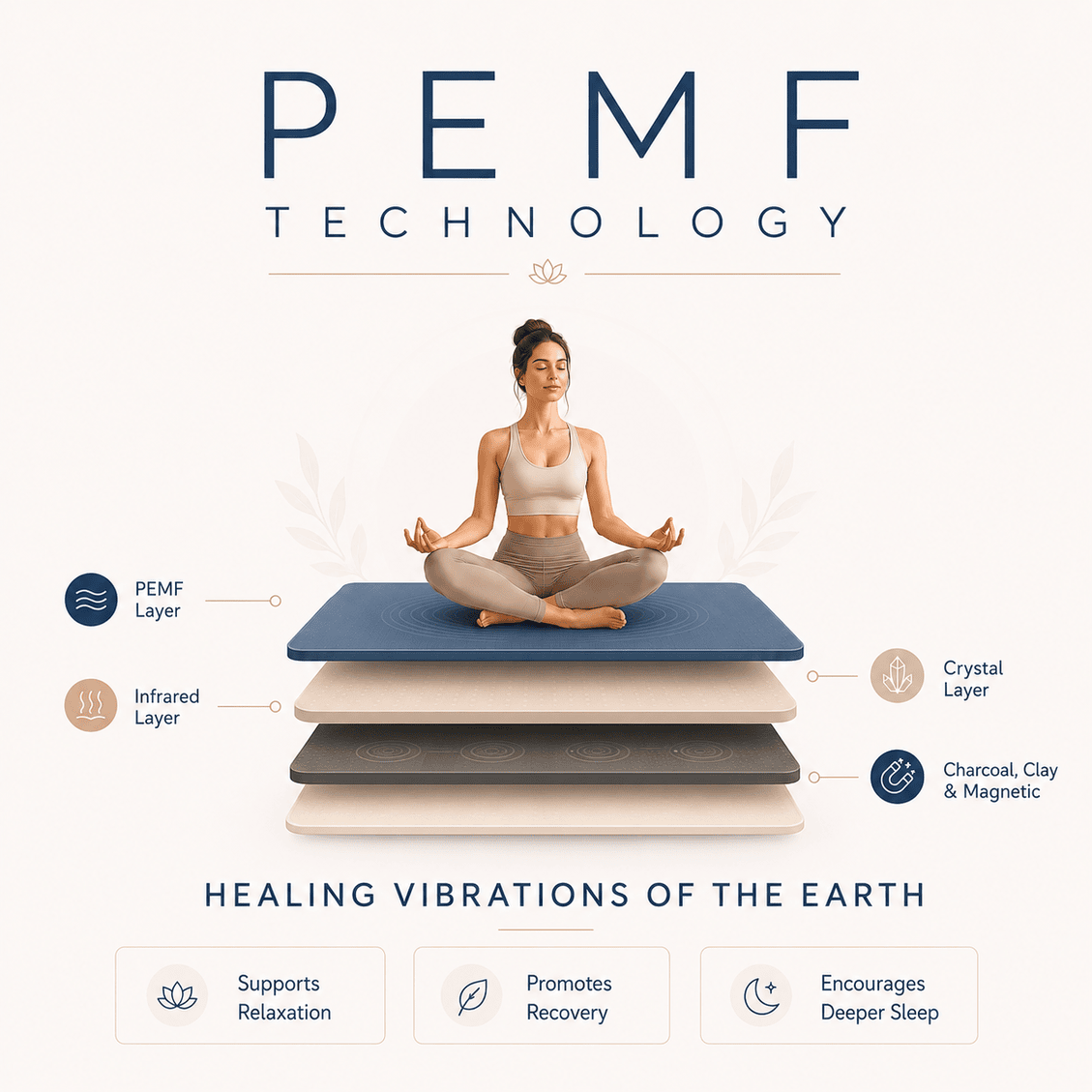 Woman meditating on a layered mat with PEMF technology labels