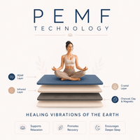 Woman meditating on a layered mat with PEMF technology labels