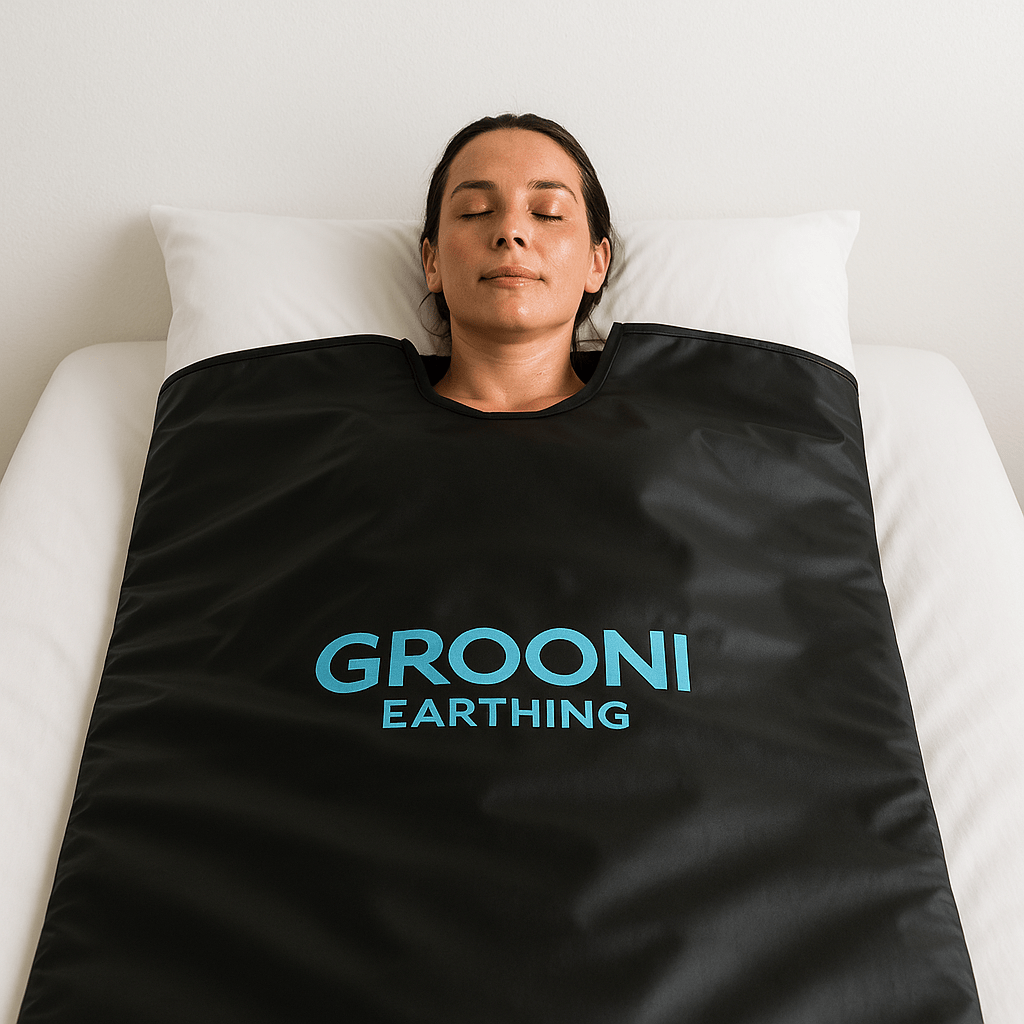Person lying on a bed wearing a black Grooni Earthing sauna blanket.