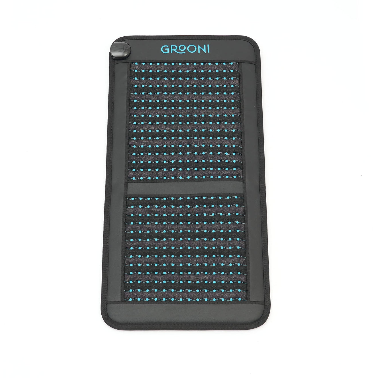 Black chair pemf mat with grid pattern and 'Grooni' branding on a white background