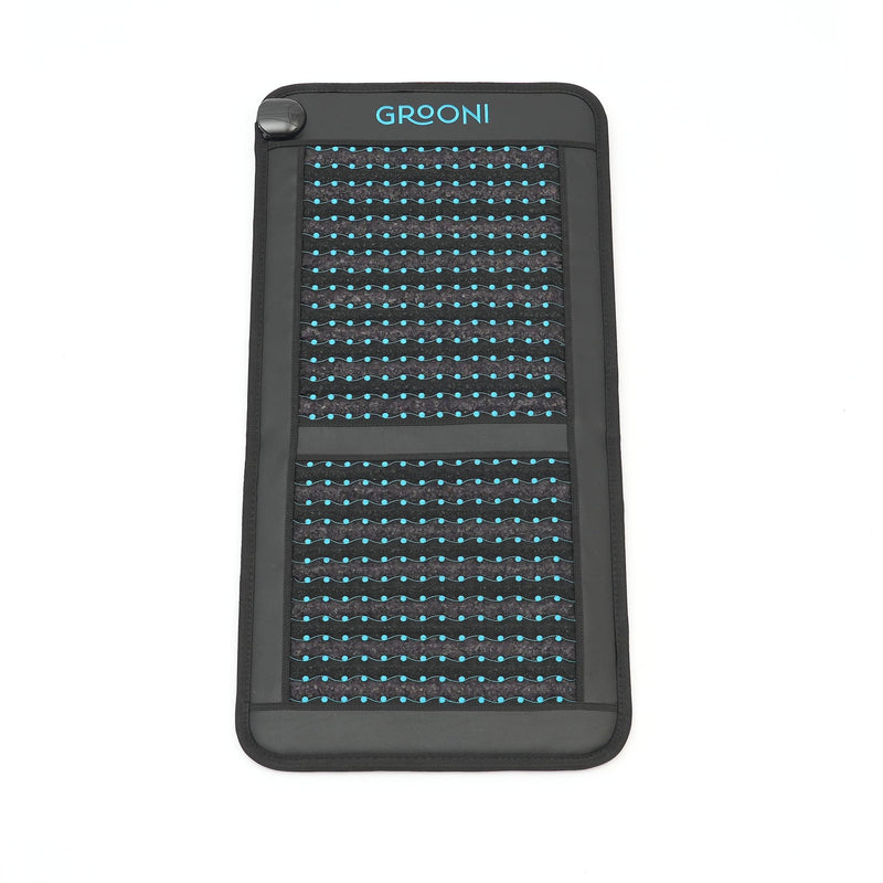 Black chair pemf mat with grid pattern and 'Grooni' branding on a white background