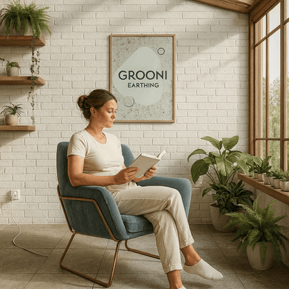 Woman reading a book in a cozy room with plants and 'GROONI' poster.